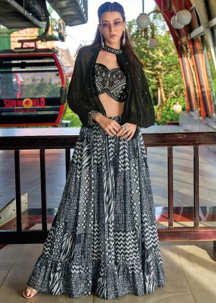 Black Readymade Embroidered Georgette Palazzo With Crop Top