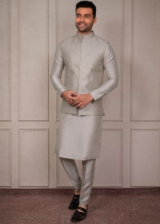Grey Men Kurta Pajama With Embroidered Jacket