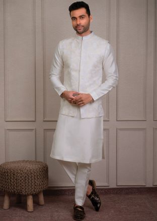 White Men Kurta Pajama With Jacket