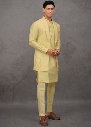 Yellow Silk Kurta Pajama With Embroidered Jacket