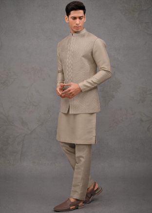 Beige Kurta Pant With Embroidered Jacket