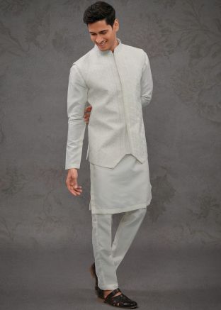 Readymade Off White Kurta Pajama With Jacket