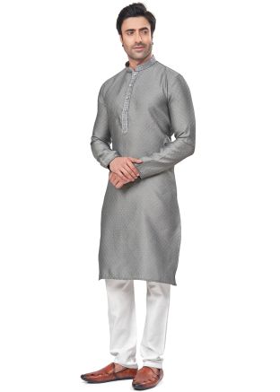 Grey Embroidered Kurta Pajama In Jacquard