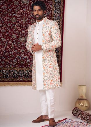 Off White Readymade Silk Indowestern Sherwani In Embroidery