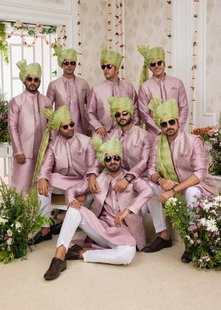 Groomsmen Kurta Pajama With Nehru Jacket In Mauve Pink