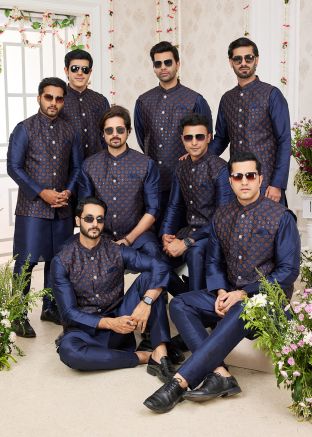 Groomsmen Indo Western Sherwani With Jacket In Blue