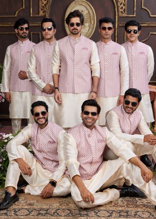 Cream Groomsmen Kurta Pajama With Nehru Jacket In Print
