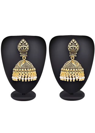 Oxidized Gold Beads Studded Jhumkas