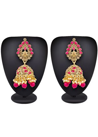 Golden And Pink Stone Studded Jhumkas