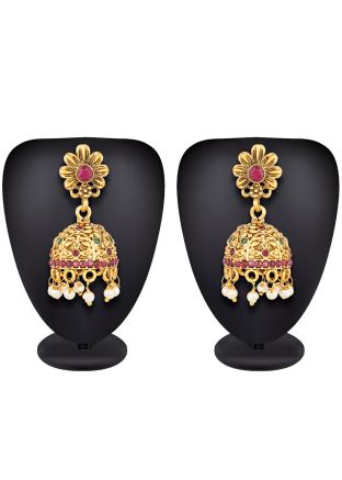 Gold Stone Studded Jhumka Earrings