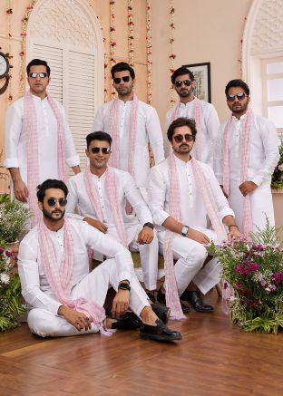 Groomsmen Off White Kurta Pajama In Art Silk