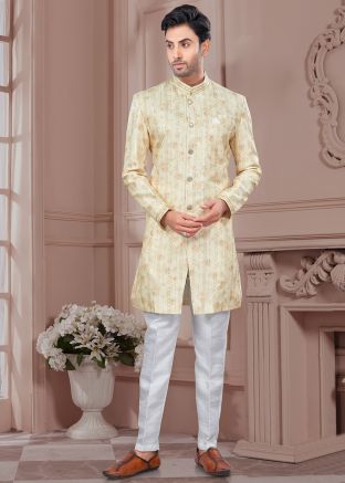 Cream Embroidered Indo Western Sherwani Set