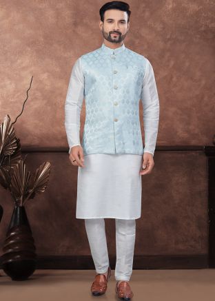 Off White Readymade Dupion Silk Nehru Jacket With Kurta Pajama In Plain 