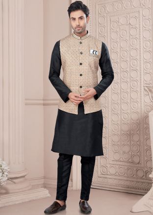 Black Readymade Dupion Silk Nehru Jacket With Kurta Pajama In Plain 