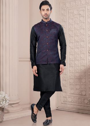Readymade Black Dupion Silk Kurta Pajama With Nehru Jacket