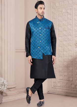 Black Readymade Men Nehru Jacket With Kurta Pajama In Dupion Silk