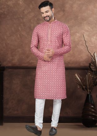 Pink Readymade Men Rayon Kurta Pajama In Digital Print