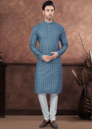 Blue Readymade Men Digital Print Kurta Pajama In Rayon
