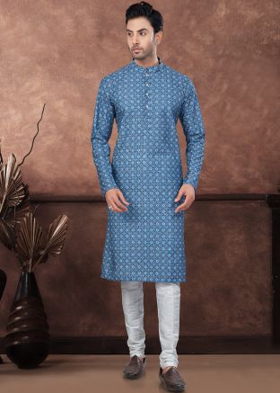 Blue Readymade Digital Printed Men Rayon Kurta Pajama 