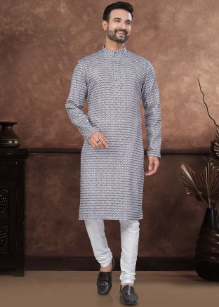 Grey Readymade Digital Printed Men Kurta Pajama In Jacquard 