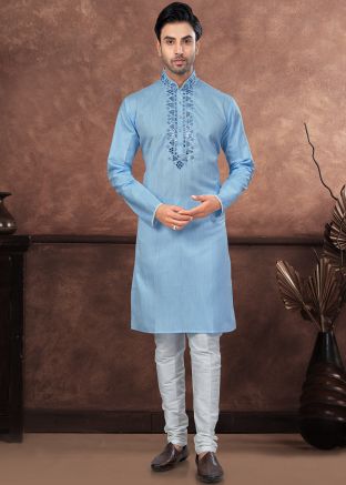 Blue Readymade Embroidered Men Cotton Kurta Pajama Set