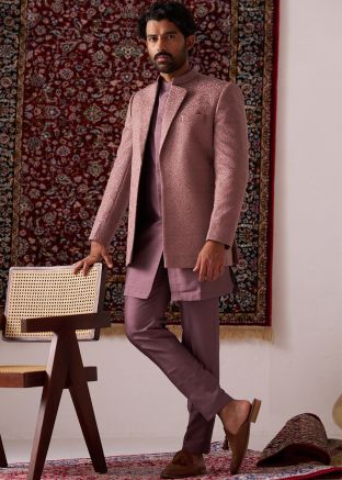 Pink Readymade Silk Jacket with Kurta Pajama In Woven
