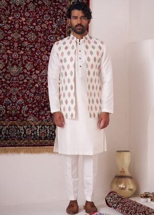 Off White Readymade Embroidered Nehru Jacket with Kurta Pajama In Silk