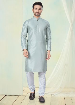 Pastel Blue Art Silk Readymade Men Kurta Pajama In Plain