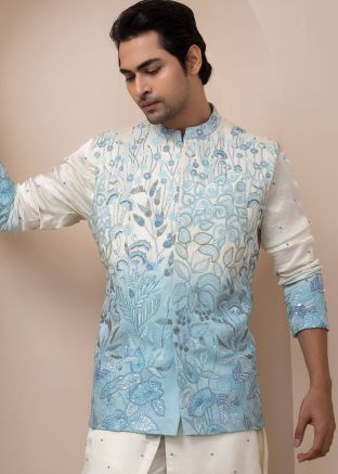 Shaded Blue Readymade Men Linen Nehru Jacket 