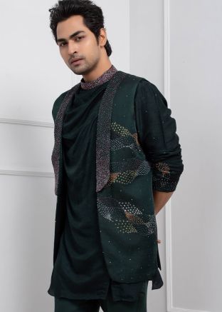 Green Readymade Men Linen Nehru Jacket In Linen