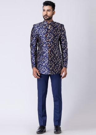 Readymade Blue Rayon Bandhgala Jodhpuri Suit 