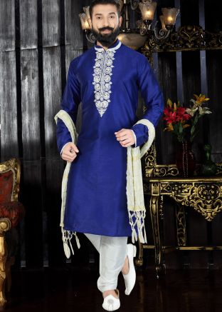 Readymade Blue Art Silk Kurta Churidar Set With Stole