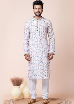 White Readymade Printed Men Art Silk Kurta Pajama