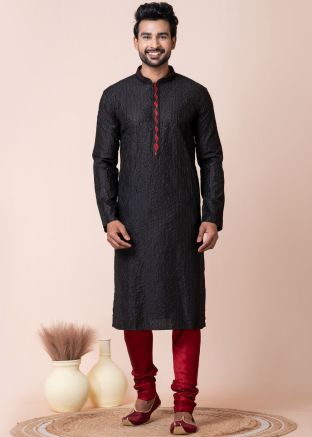 Black Readymade Men Embroidered Kurta Pajama In Cotton