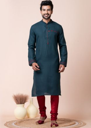Teal Green Readymade Men Cotton Kurta Pajama In Plain