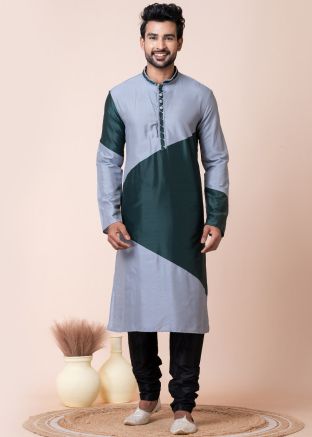 Grey & Green Readymade Men Viscose Kurta Pajama 