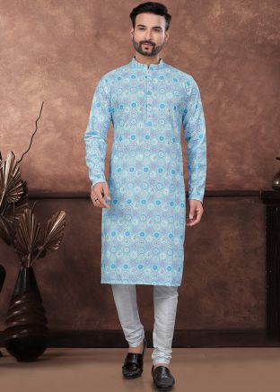 Pastel Blue Embroidered Readymade Men Kurta In Rayon