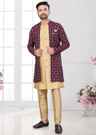 Golden Embellished Indo Western Sherwani With Jacket