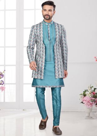 Sea Green Digital Print Jacket Style Indo Western Sherwani
