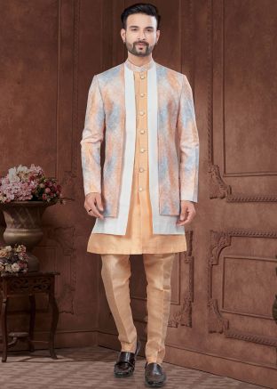 Peach Embroidered Jacket Style Indo Western Sherwani