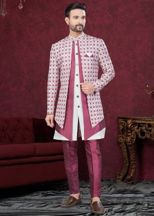 Off White & Pink Printed Jacket Style Indo Western Sherwani