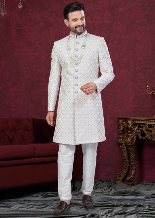 Off White Embroidered Indo Western Sherwani Set