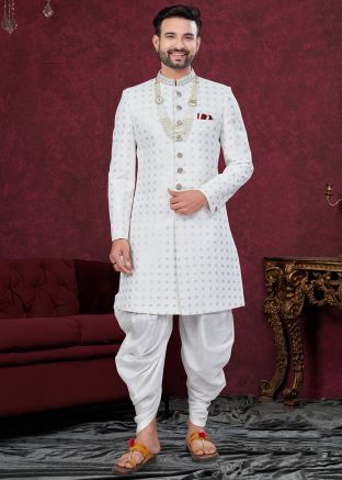 Off White Embroidered Indo Western Sherwani With Dhoti