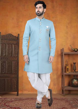 Blue Men Indo Western Sherwani Set With Dhoti
