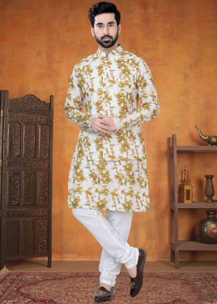 Yellow Tie-Dye Print Kurta Pajama With Nehru Jacket
