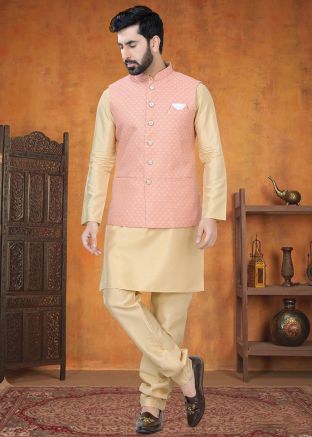 Cream Kurta Pajama With Woven Nehru Jacket