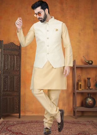 Cream Kurta Pajama With Woven Nehru Jacket