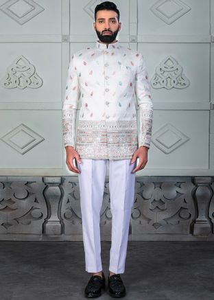 White Embroidered Bandhgala Jodhpuri Suit