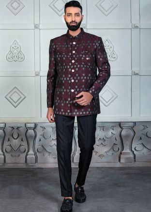 Wine Woven Work Bandhgala Jodhpuri Suit