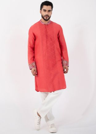 Orange Readymade Embroidered Silk Kurta Pajama